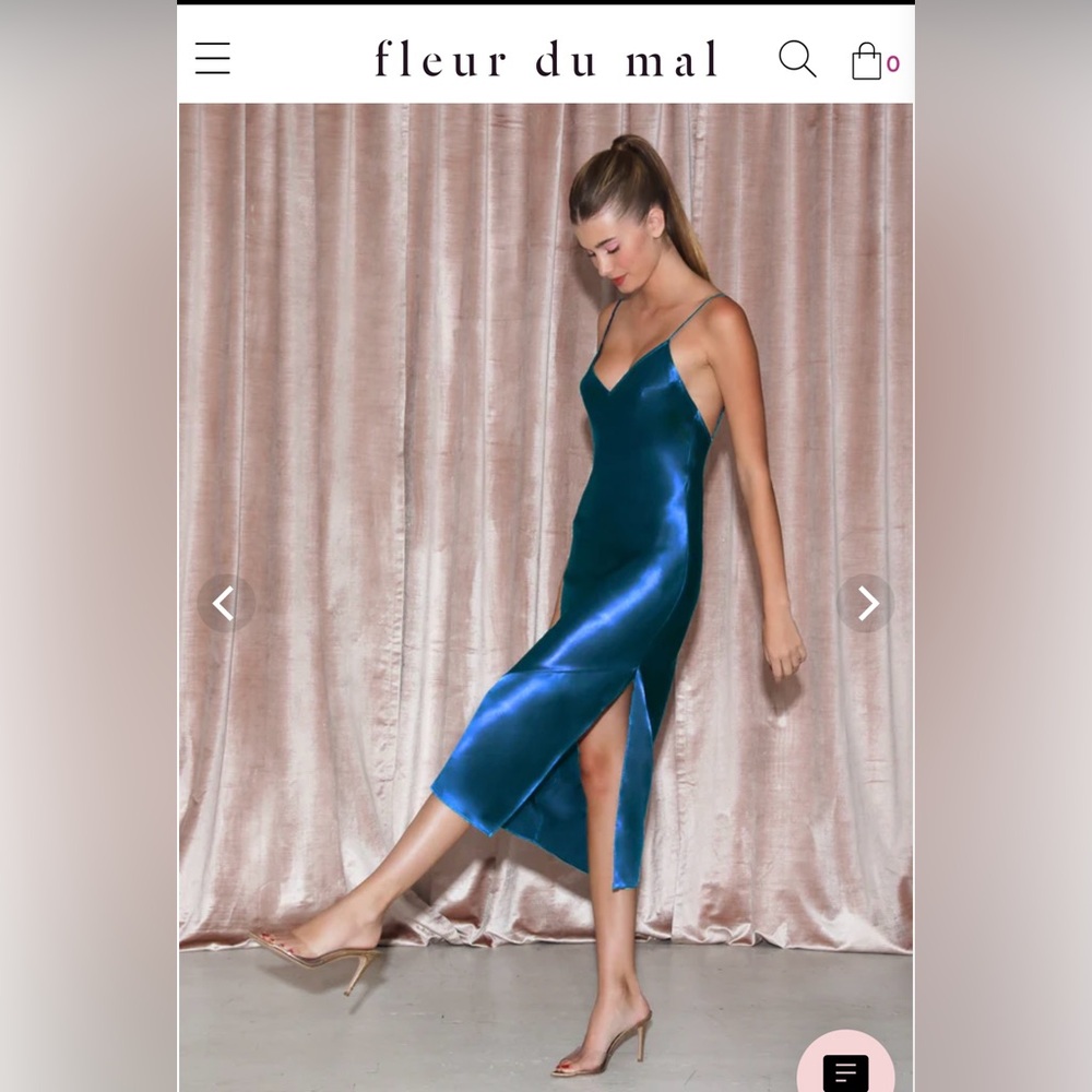 Fleur du Mal | Aquamarine Peacock Blue | Silk Slip Dress w/ Slit |Sz Sm